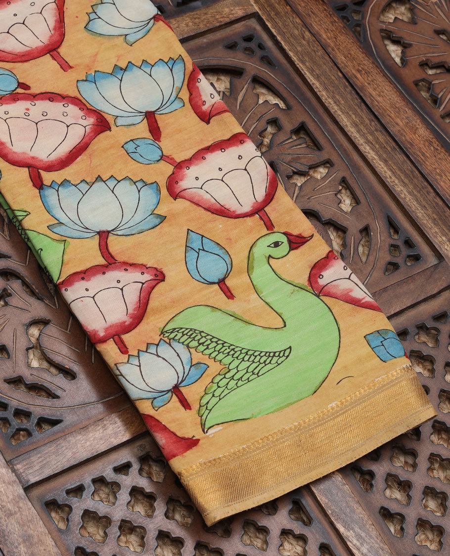 Sandal pichwai lotus & birds hand-painted pen kalamkari silksaree, traditional zari border & pallu of kalamkari peacocks