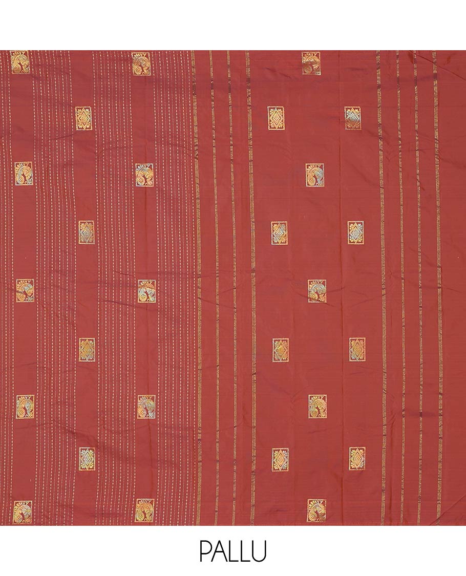 Borderless Brown aarani gift saree with stripes, peacock buttas & diamond buttas all over the saree