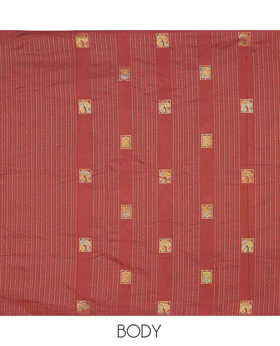 Borderless Brown aarani gift saree with stripes, peacock buttas & diamond buttas all over the saree