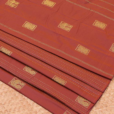 Borderless Brown aarani gift saree with stripes, peacock buttas & diamond buttas all over the saree