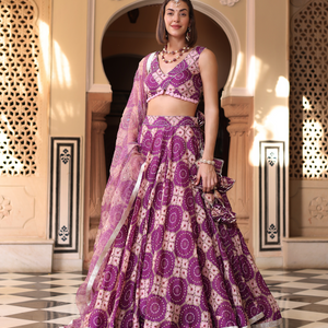 Lavender Printed Satin Lehenga Set