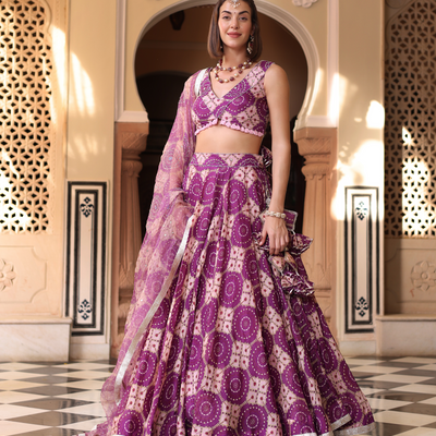 Lavender Printed Satin Lehenga Set