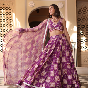 Lavender Printed Satin Lehenga Set