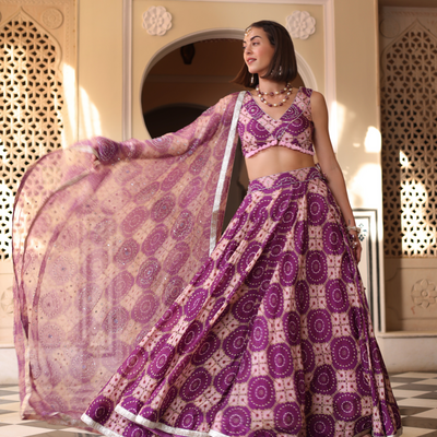 Lavender Printed Satin Lehenga Set