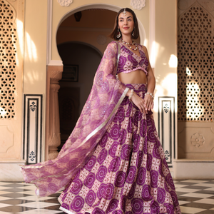 Lavender Printed Satin Lehenga Set