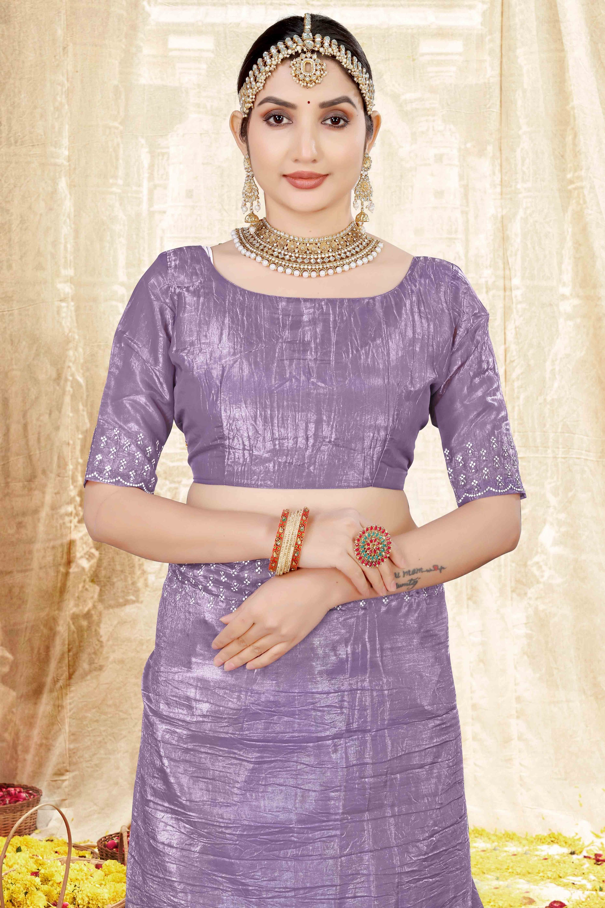 Lavender Zarkan Diamond Work Tissue Gold Crush Saree