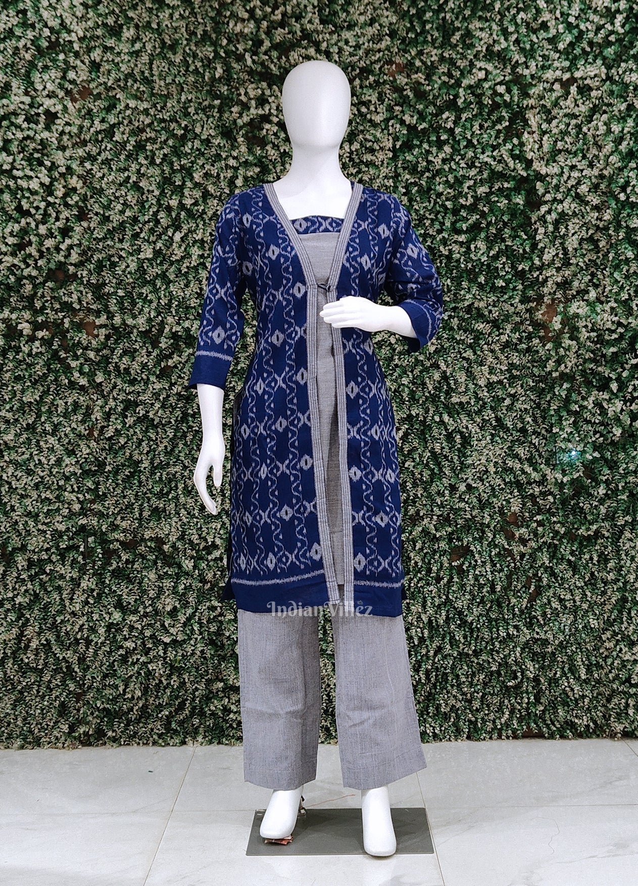 Blue Gray Odisha Ikat Designer Cotton Kurti Set with Jacket-(3 Piece Set)