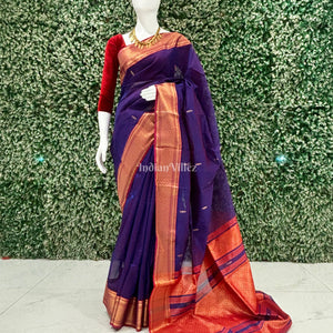 Blue Red Butta Design Pure Silk Cotton Maheshwari Saree with Zari Border