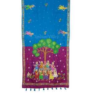 Sky Blue & Magenta Vat Savitri Theme Pattachitra Saree