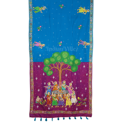 Sky Blue & Magenta Vat Savitri Theme Pattachitra Saree