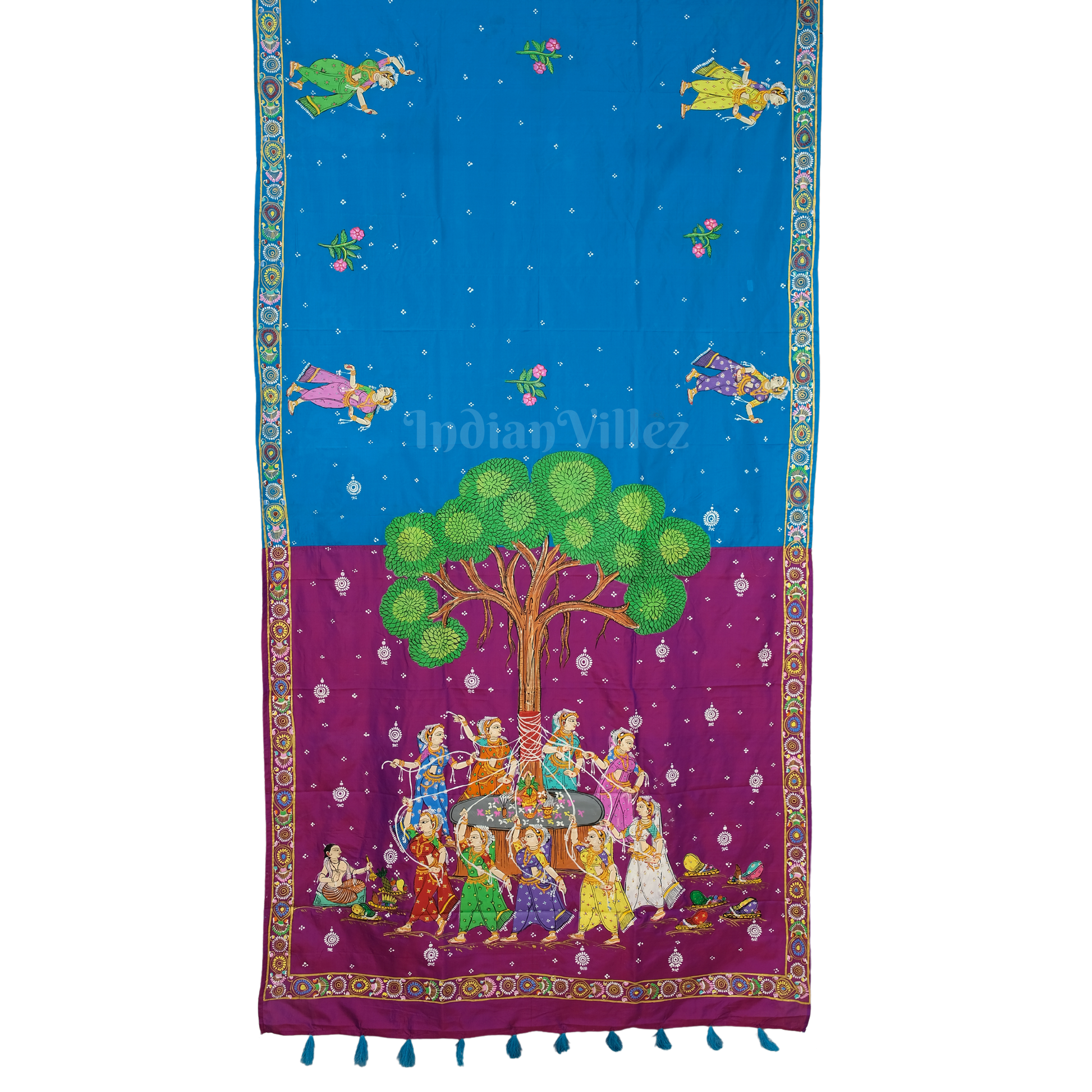 Sky Blue & Magenta Vat Savitri Theme Pattachitra Saree