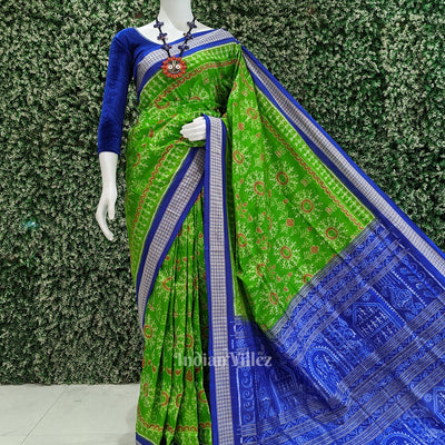 Parrot Green with Peacock Blue Odisha Ikat Sambalpuri Silk Saree
