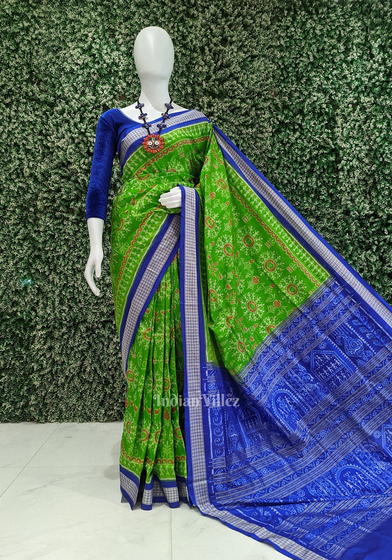 Parrot Green with Peacock Blue Odisha Ikat Sambalpuri Silk Saree