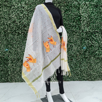 White Mudra Theme Patachitra Chanderi Dupatta