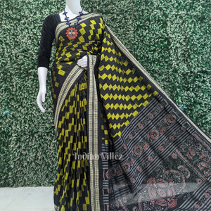 Black with Yellow Box Pattern Sambalpuri Pure Ikat Silk Saree