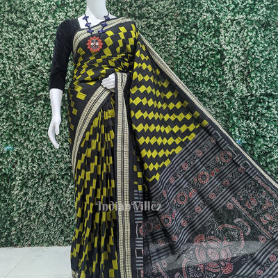 Black with Yellow Box Pattern Sambalpuri Pure Ikat Silk Saree