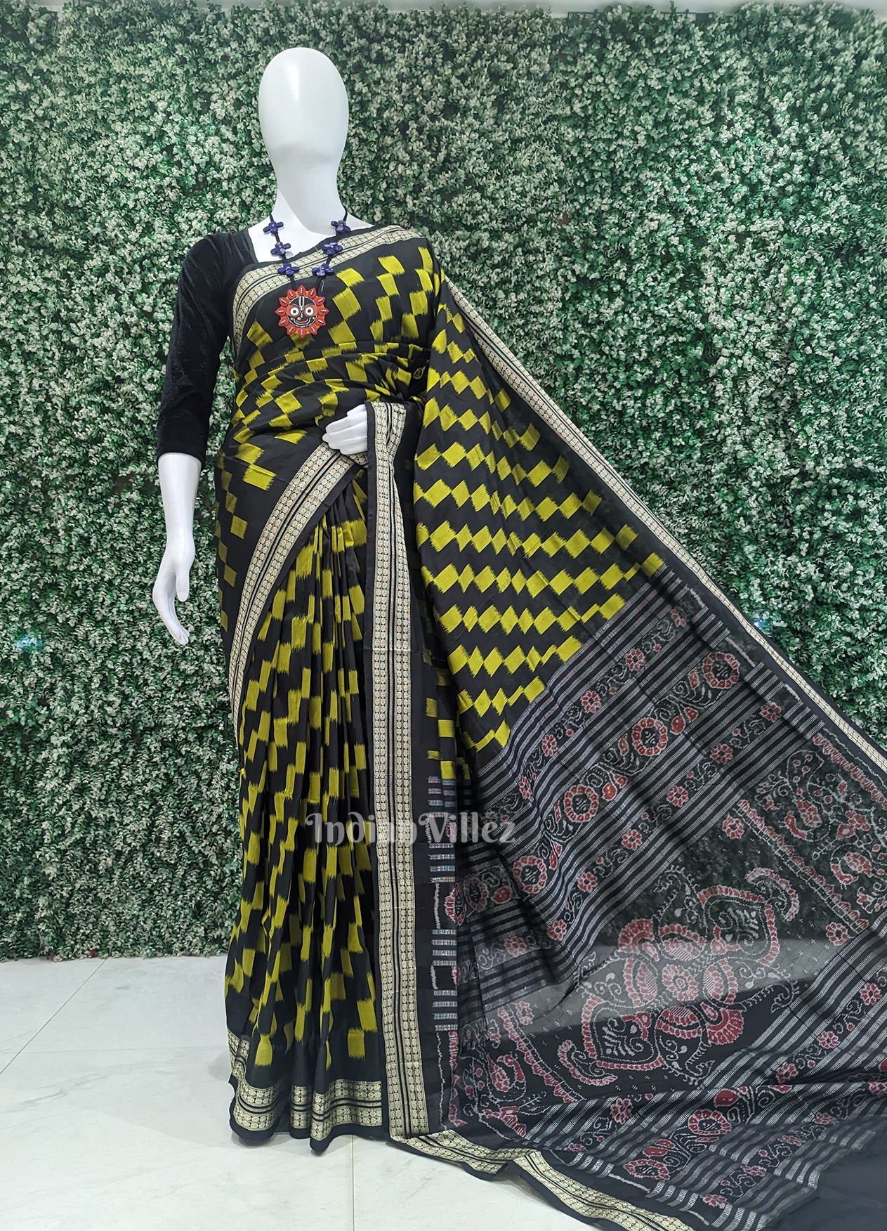 Black with Yellow Box Pattern Sambalpuri Pure Ikat Silk Saree