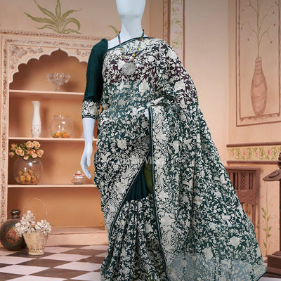 Green Parsi Gara Floral Motif Hand Embroidered Saree