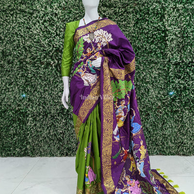 Parrot Green With Violet Raja Theme Hand-Painted Pattachitra Saree