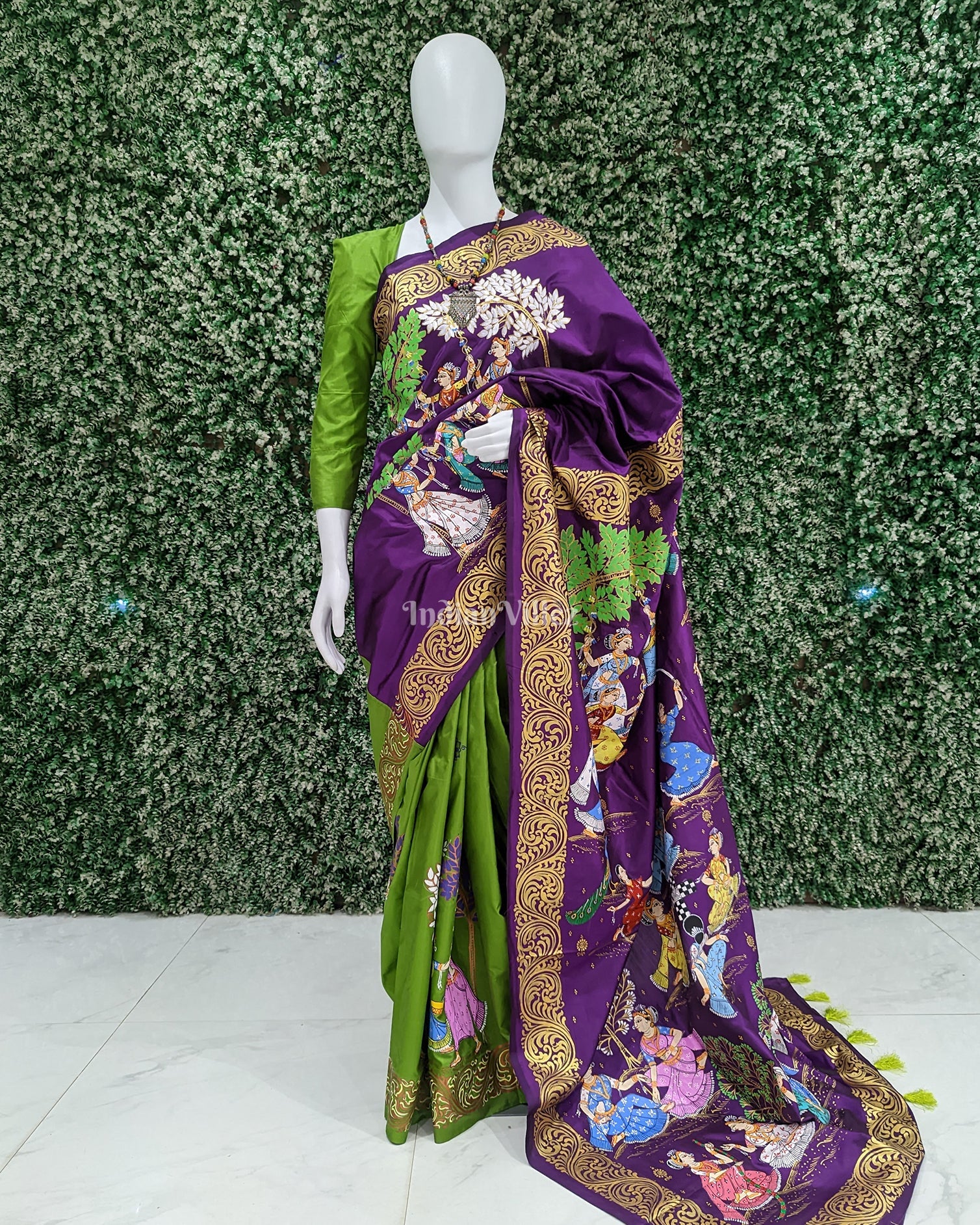 Parrot Green With Violet Raja Theme Hand-Painted Pattachitra Saree