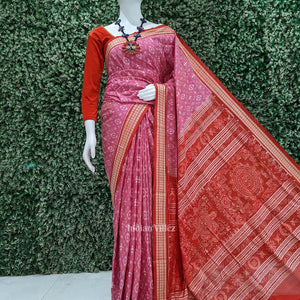 Baby Pink Red Tribal Theme Sambalpuri Silk Saree