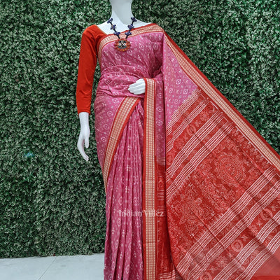 Baby Pink Red Tribal Theme Sambalpuri Silk Saree