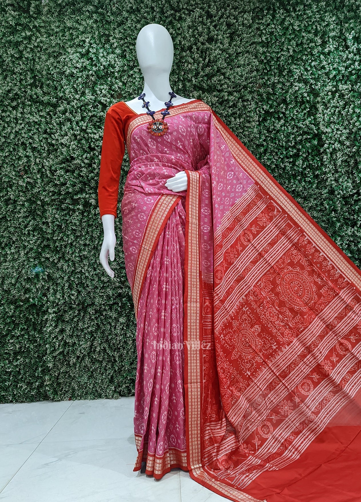 Baby Pink Red Tribal Theme Sambalpuri Silk Saree