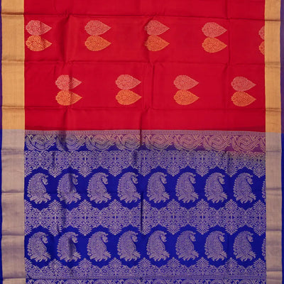 Red Silk Saree With Floral Buttas & Purple Border