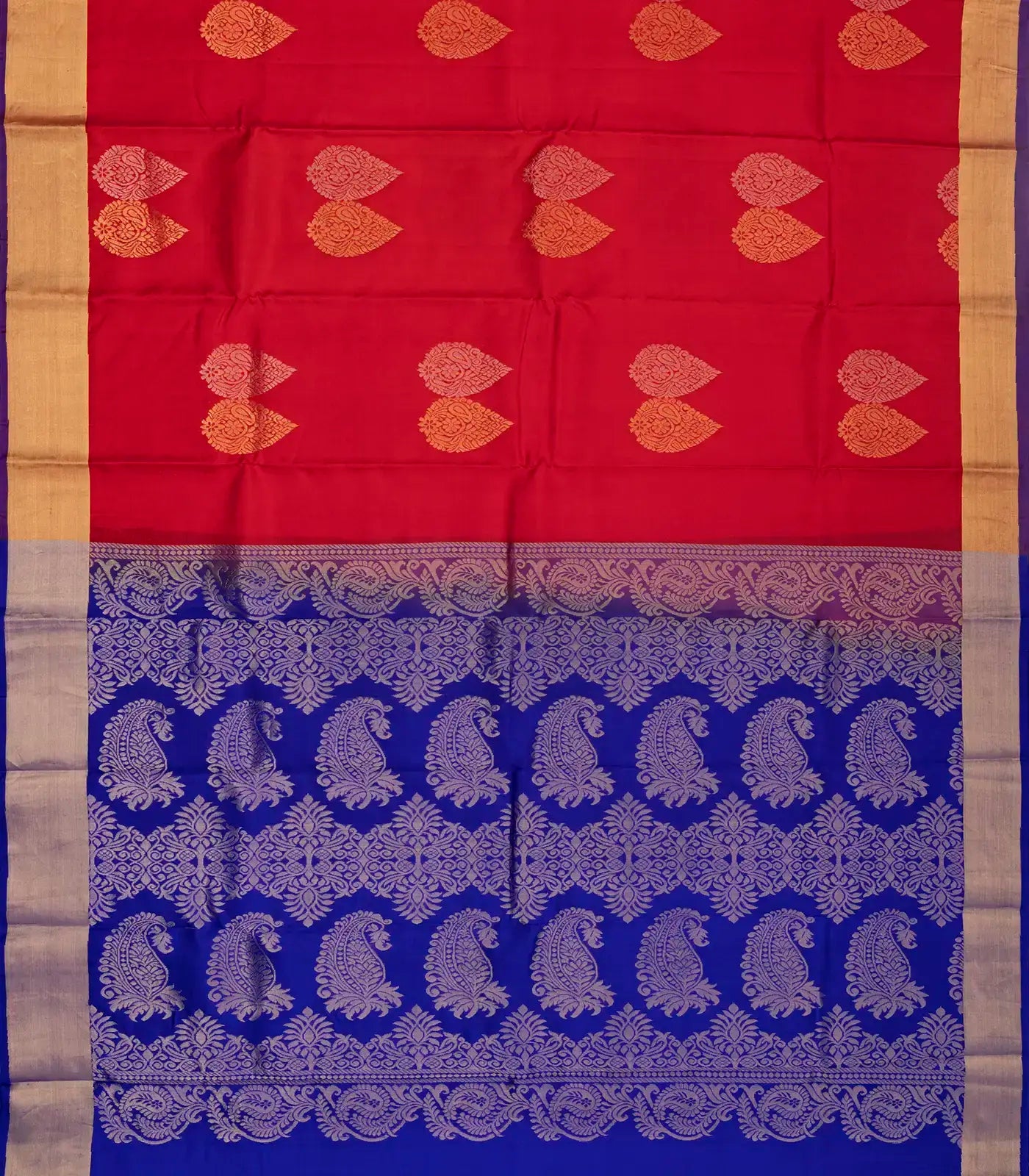 Red Silk Saree With Floral Buttas & Purple Border