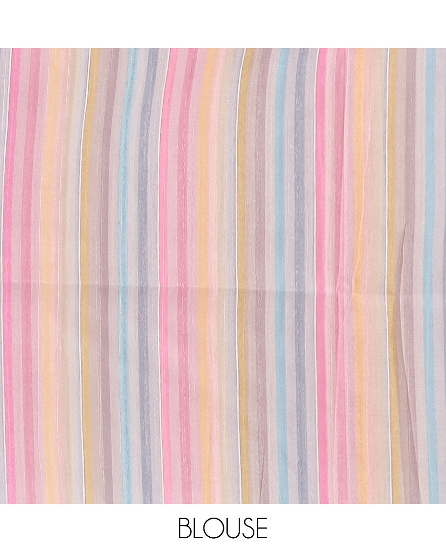 Purple semi-banaras tussar saree with contrast striped border & multi-colored striped pallu
