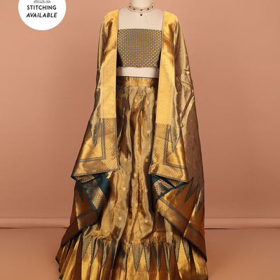 Brown buttas art silk half saree with contrast zari border, argyle pattern blouse & buttas with zari border dhavani