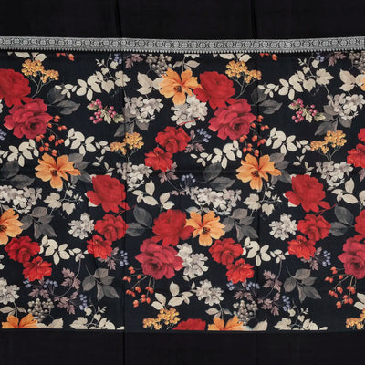 Black Handloom Tussar Silk Saree With Floral Buttas & Printed Border