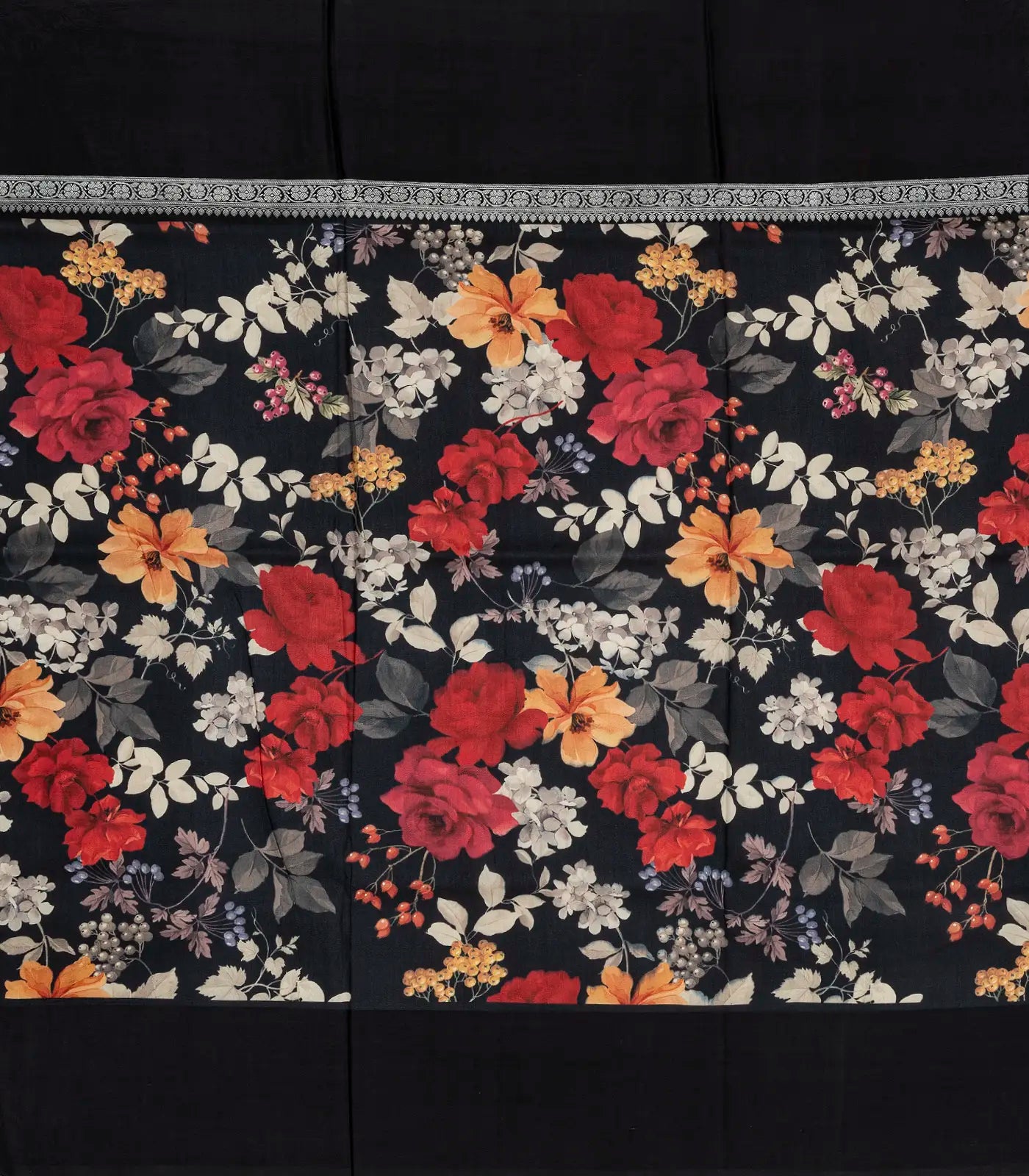 Black Handloom Tussar Silk Saree With Floral Buttas & Printed Border