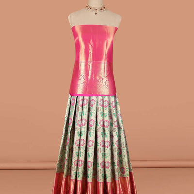 Green floral design art-silk half saree, contrast traditional zari border, zari design blouse & floral zari design dhavani
