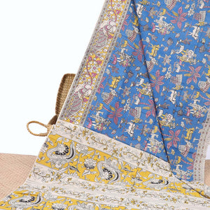 Blue Village-theme machine-printed kalamkari cotton saree, contrast floral & peacock border & intricate pallu