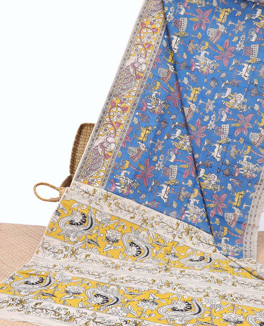 Blue Village-theme machine-printed kalamkari cotton saree, contrast floral & peacock border & intricate pallu