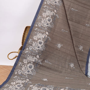 Brown floral digital printed semi-banaras tussar saree with contrast plain border
