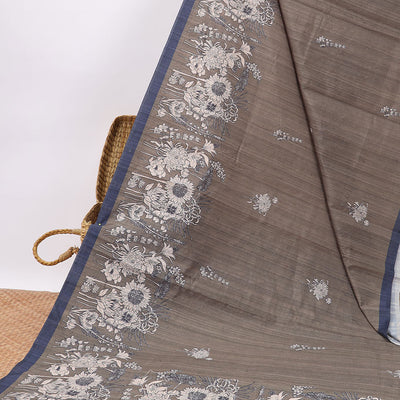 Brown floral digital printed semi-banaras tussar saree with contrast plain border
