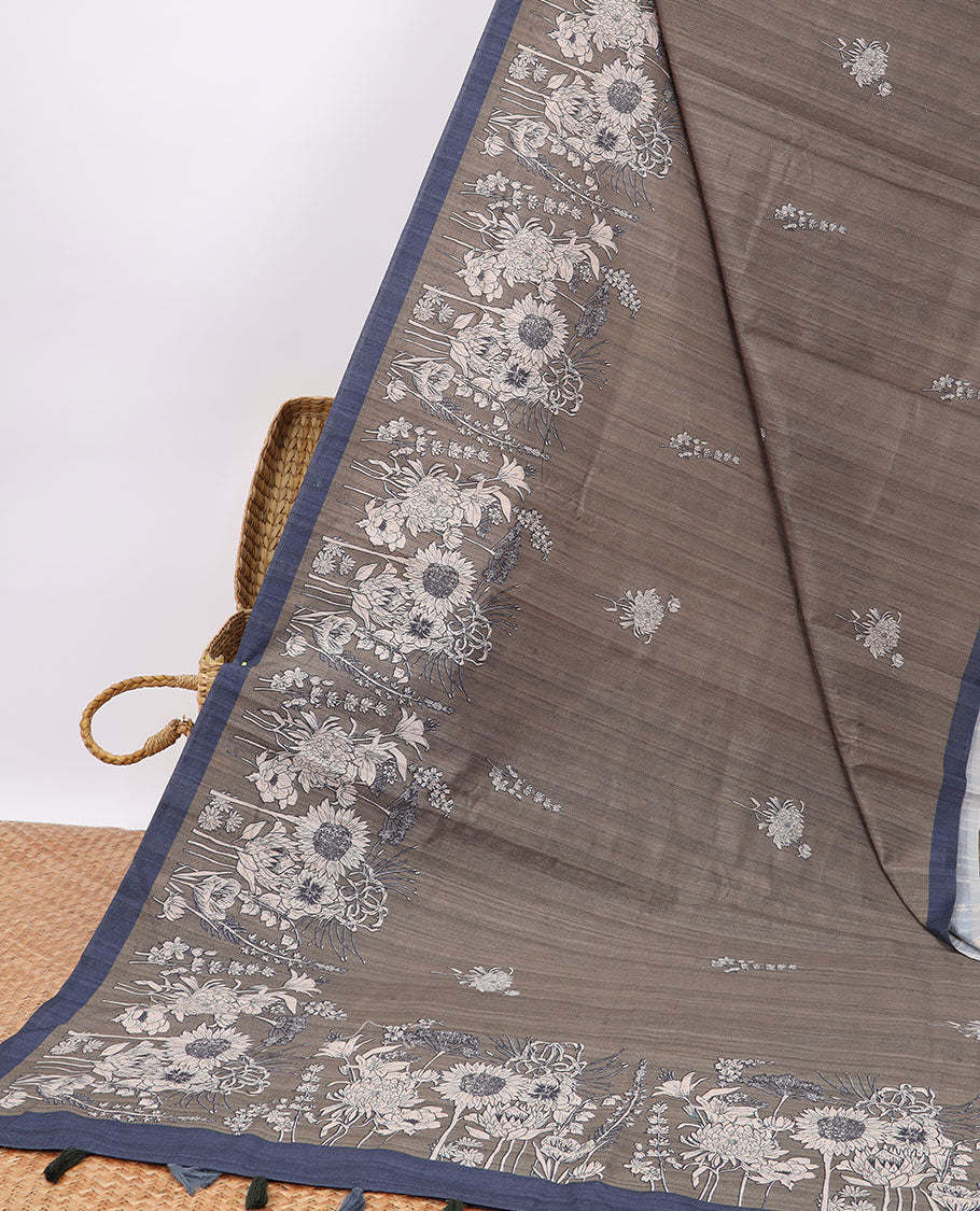Brown floral digital printed semi-banaras tussar saree with contrast plain border