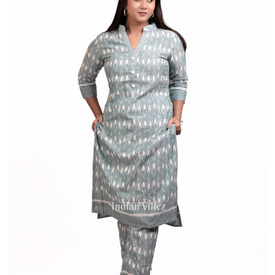 Sage Green Odisha Ikat Designer Cotton Kurti  Set for Women