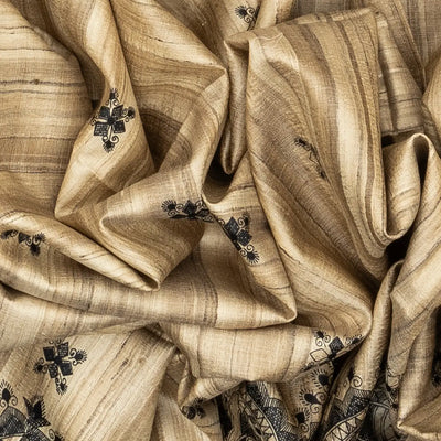 Beige Handloom Tussar Silk Saree With Printed Bird Motifs