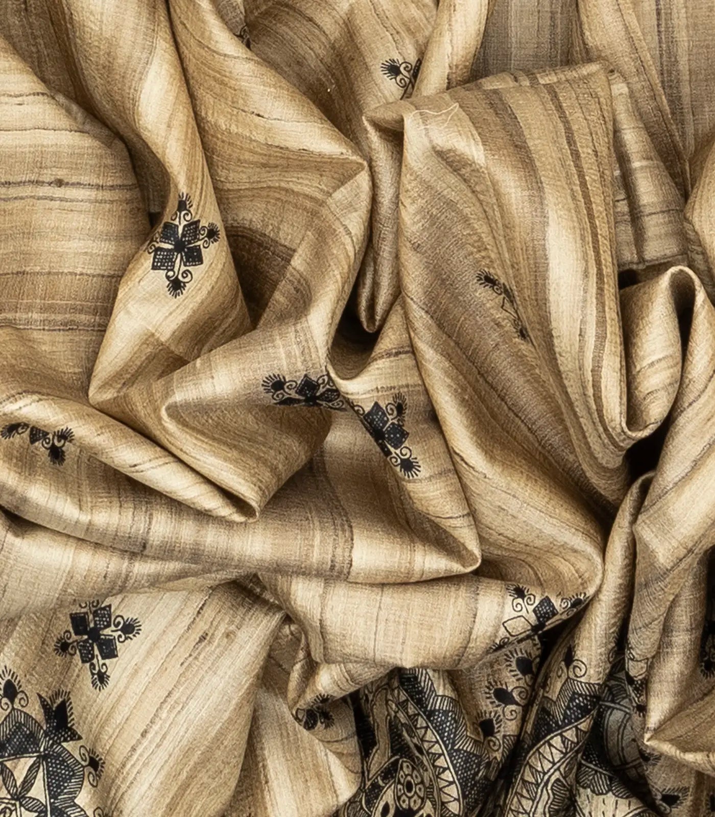 Beige Handloom Tussar Silk Saree With Printed Bird Motifs