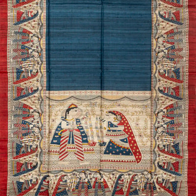 Steel Blue Handloom Tussar Silk Saree With Printed Wedding Motifs