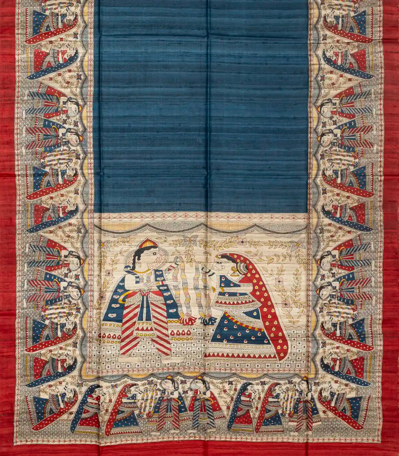 Steel Blue Handloom Tussar Silk Saree With Printed Wedding Motifs