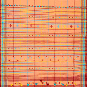 Peach Handloom Bhujodi Cotton Saree With Multi Colour Checks