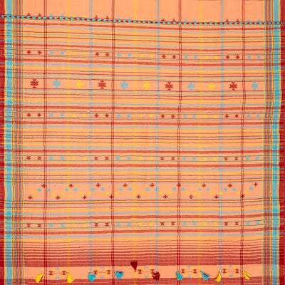 Peach Handloom Bhujodi Cotton Saree With Multi Colour Checks