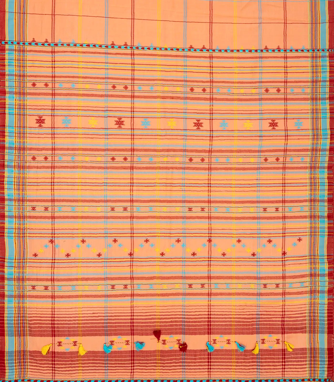 Peach Handloom Bhujodi Cotton Saree With Multi Colour Checks