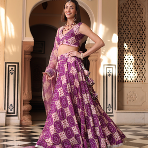 Lavender Printed Satin Lehenga Set
