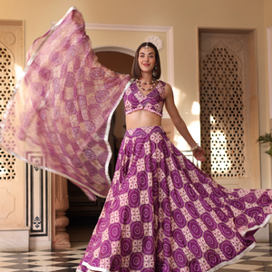 Lavender Printed Satin Lehenga Set