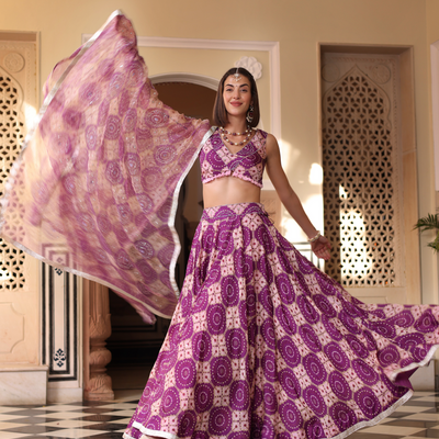 Lavender Printed Satin Lehenga Set
